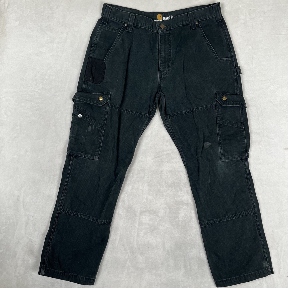 Carhartt Double Knee Cargo Pants Mens 36x30 Black Ripstop Relaxed Fit Workwear